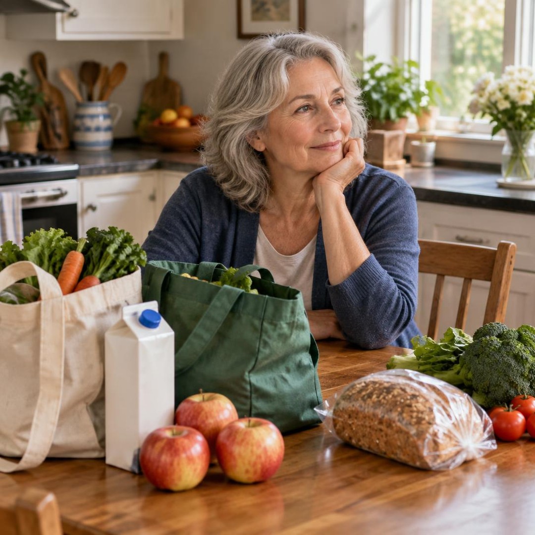 An older woman at a kitchen table beside grocery bags, milk, apples, bread and vegetables.